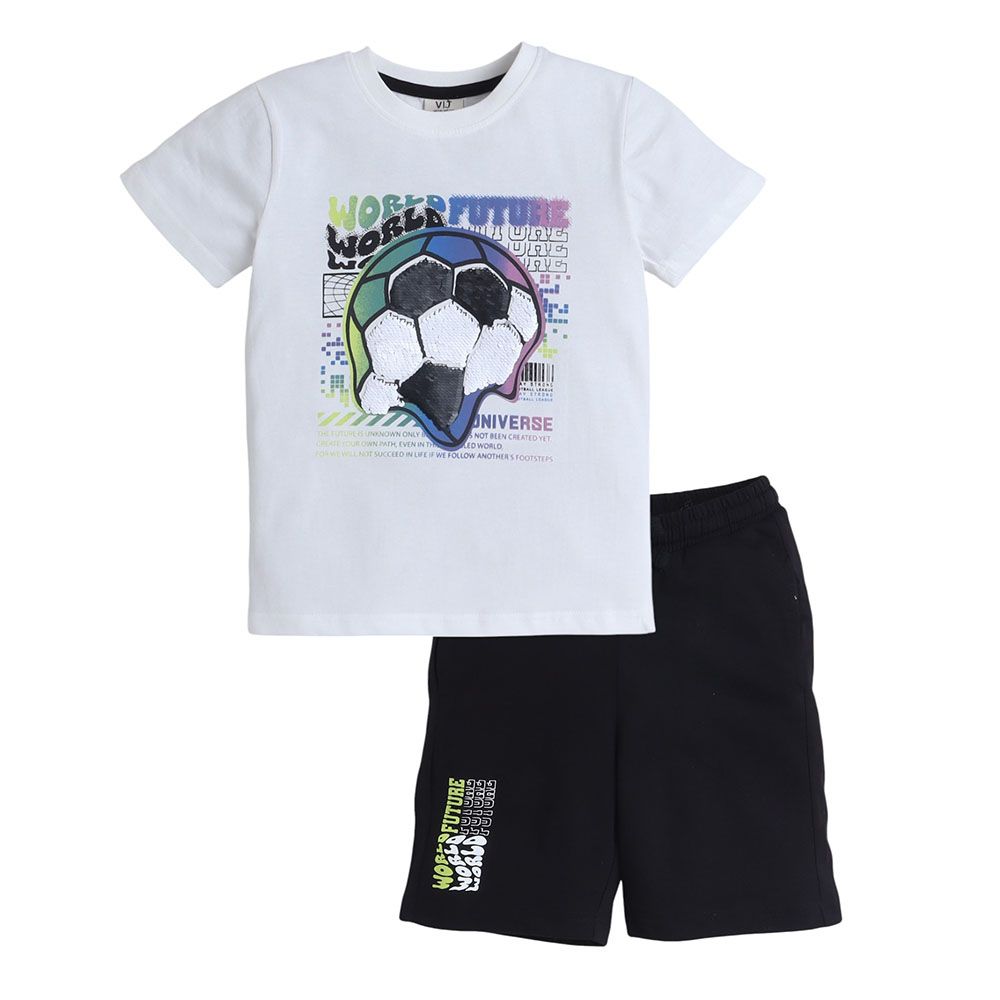 Victor And Jane - 2pc-Set - Boy's Football Printed T-Shirt & Shorts - Off White/Black