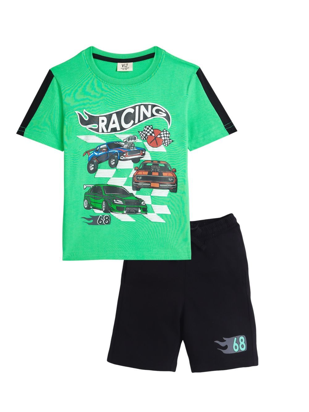 Victor And Jane - 2pc-Set - Boy's Racing Cars Printed T-Shirt & Shorts - Green/Black