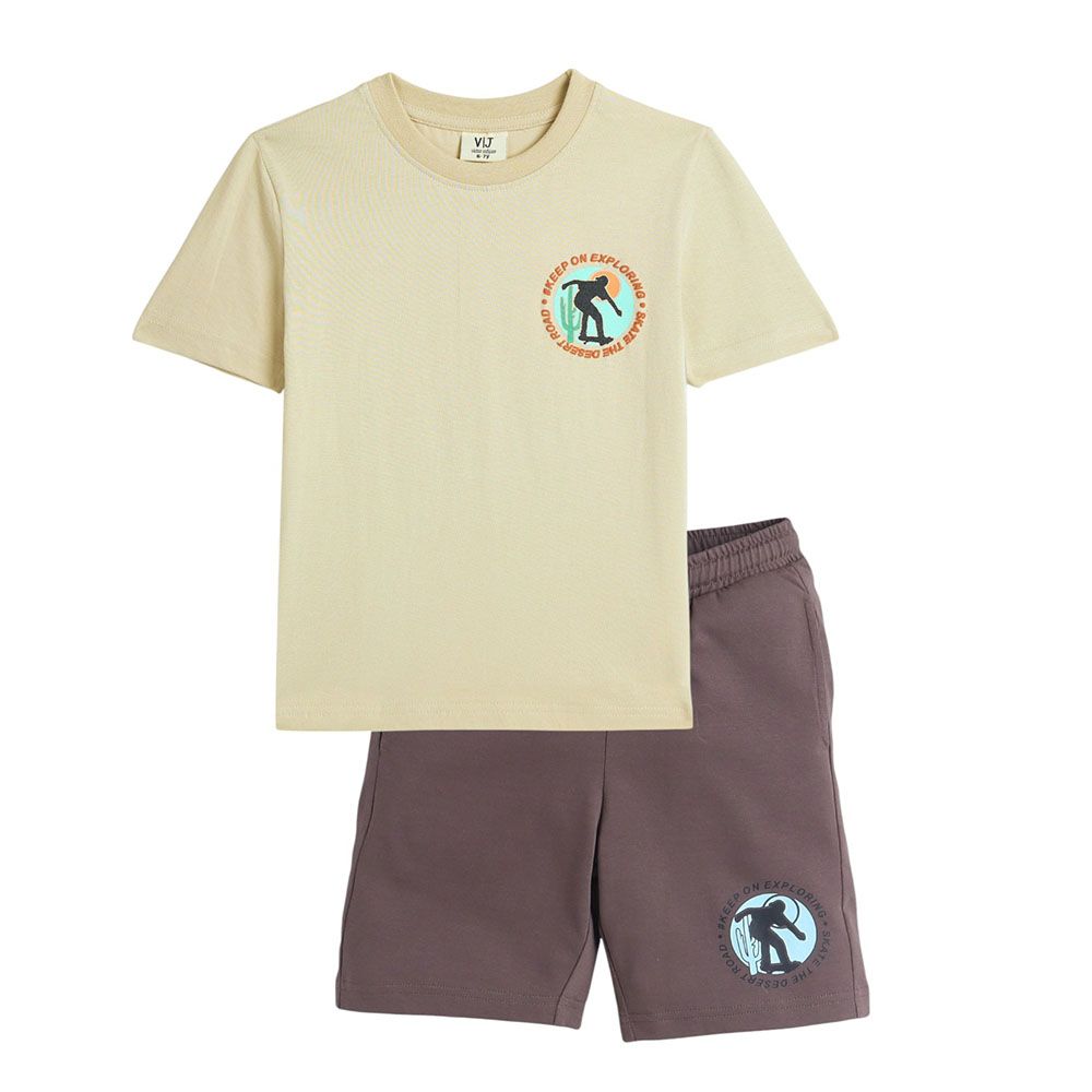 Victor And Jane - 2pc-Set - Boy's Skating Printed T-Shirt & Shorts - Beige/Light Brown