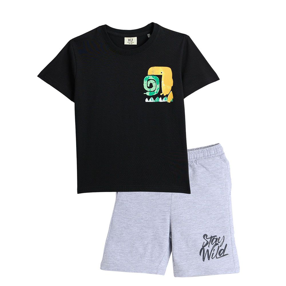 Victor And Jane - 2pc-Set - Boy's Jungle Safari Printed T-Shirt & Shorts - Black/Grey