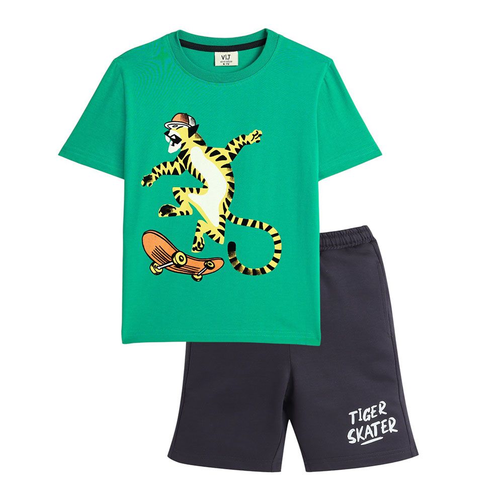 Victor And Jane - 2pc-Set - Boy's Tiger Skater Printed T-Shirt & Shorts - Green/Black