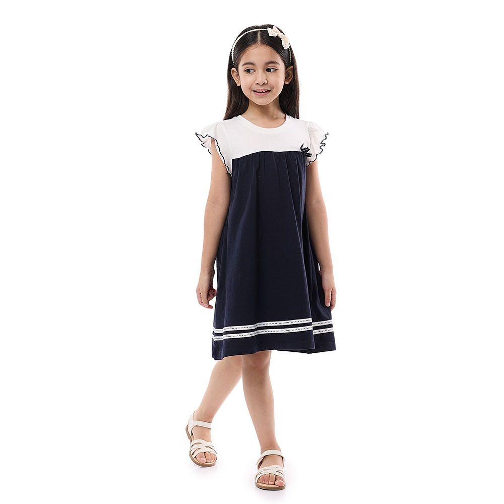 Victor And Jane - Baby Girl's Ruffle Sleeve A-line Dress With Bow - Navy/White