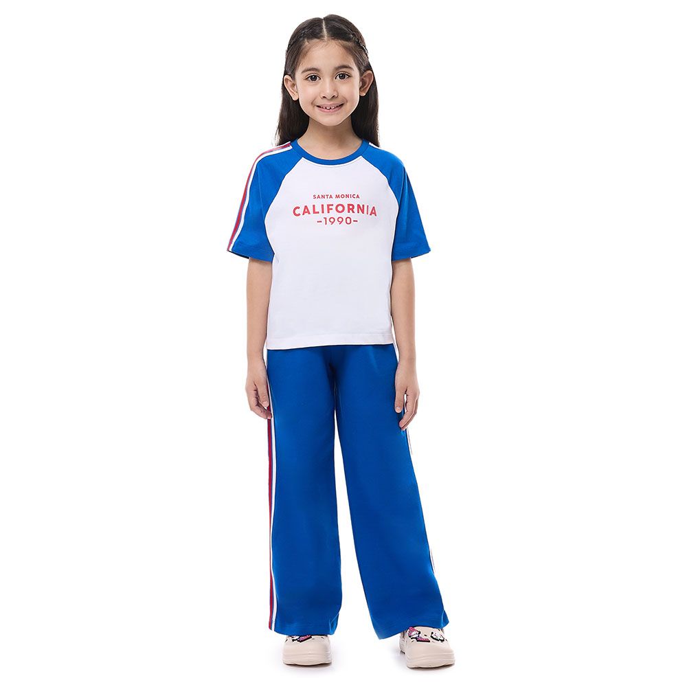 Victor And Jane - 2pc-Set - Girl's Knit Crop Top & Wide Leg Pants - Royal Blue/Off White