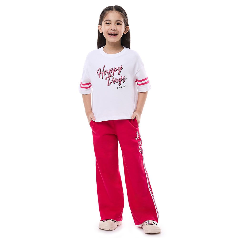 Victor And Jane - 2pc-Set - Girl's Knit Crop Top & Wide Leg Pants - Off White/Fuchsia