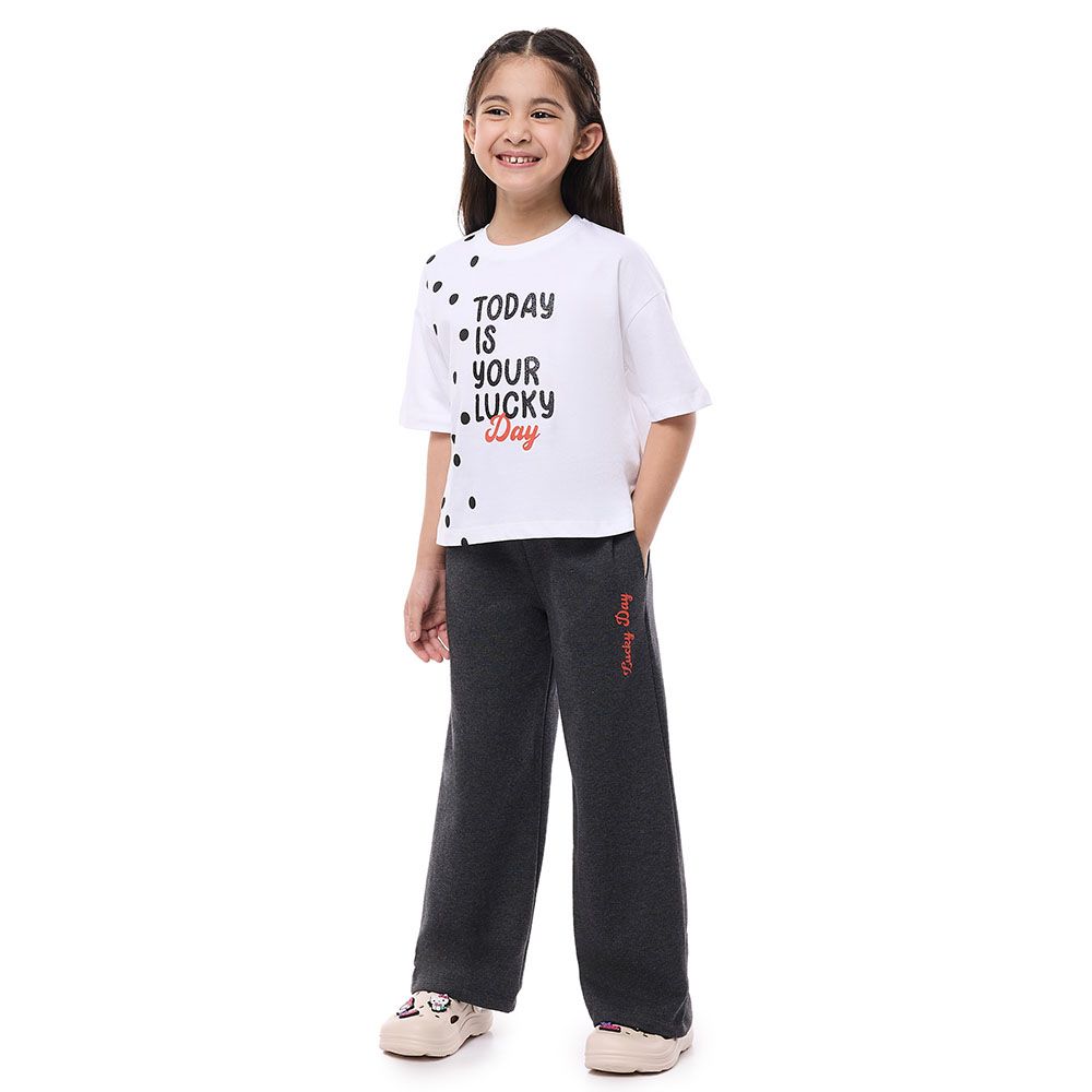 Victor And Jane - 2pc-Set - Girl's Knit Crop Top & Wide Leg Pants - Off White/Grey