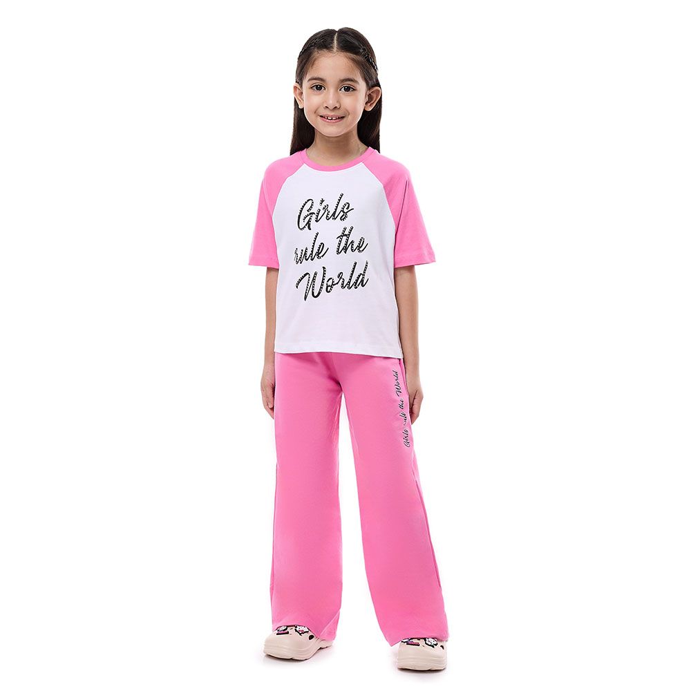 Victor And Jane - 2pc-Set - Girl's Knit Crop Top & Wide Leg Pants - Off White/Pink