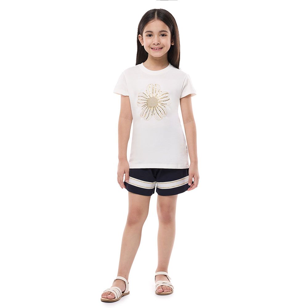 Victor And Jane - 2pc-Set - Girl's T-Shirt And Shorts - Off White/Navy