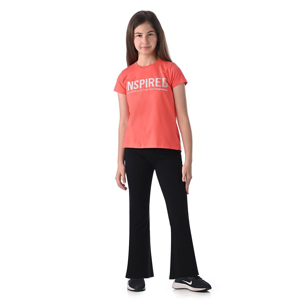 Victor And Jane - 2pc-Set - Girl's Athleisure Slogan Print Top And Flared Solid Leggings - Coral/Black