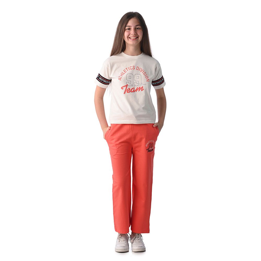 Victor And Jane - 2pc-Set - Girls' Slogan Print Crop Top With Pants - Off-White/Orange