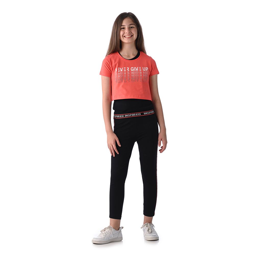 Victor And Jane - 2pc-Set - Girl's Athleisure Crop Tank Top With Leggings - Coral/Black
