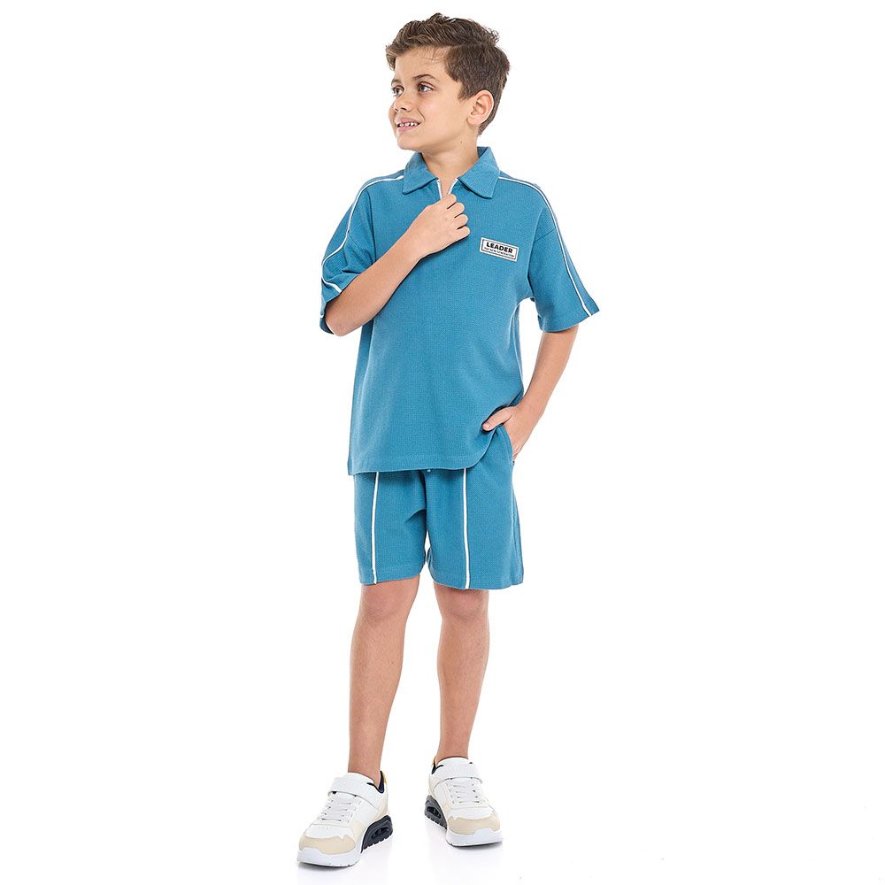 Victor And Jane -  Boys' Jacquard Teal 2-piece Outfit Set With Pockets, Polo T-shirt With Half Zipper - 2 To 9y