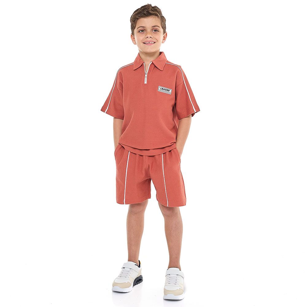Victor And Jane -  Boys' Jacquard Reddish-orange 2-piece Outfit Set With Pockets, Polo T-shirt With Half Zipper - 2 To 9y