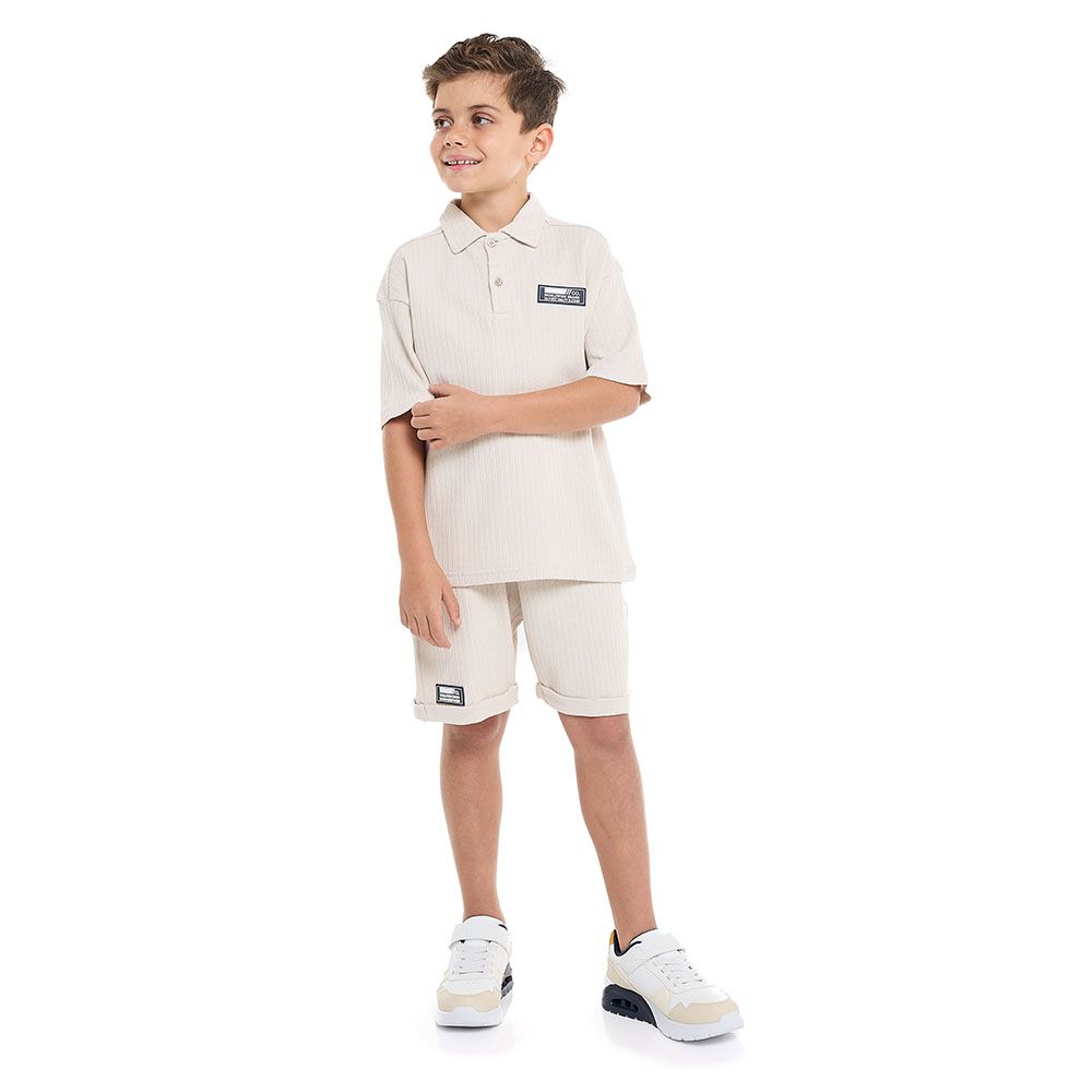 Victor And Jane -  Boys' Beige 2-piece Jacquard Set With Pockets - 2 To 9y