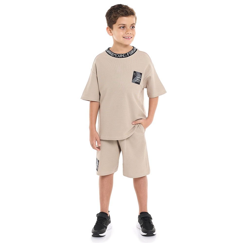Victor And Jane -  Boys' Cord Set - Beige T-shirt And Shorts Set - 2 To 9y