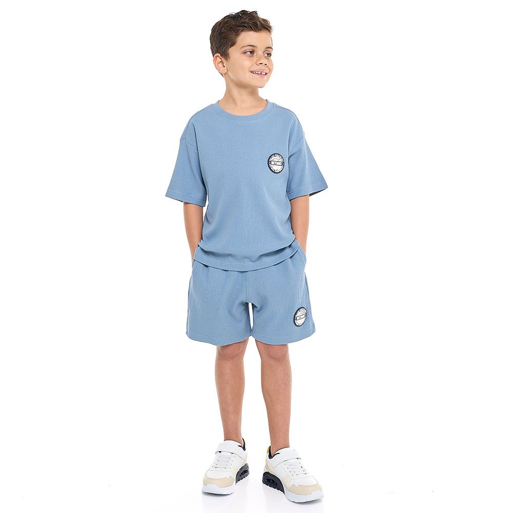 Victor And Jane -  Boys' Jacquard Powder Blue 2-piece Outfit With Shirt & Shorts - 2 To 9y