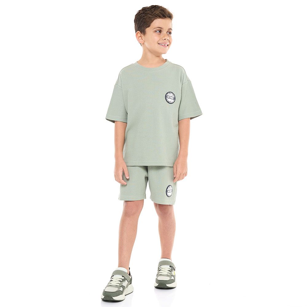 Victor And Jane -  Boys' Jacquard Olive 2-piece Outfit With Shirt & Shorts - 2 To 9y
