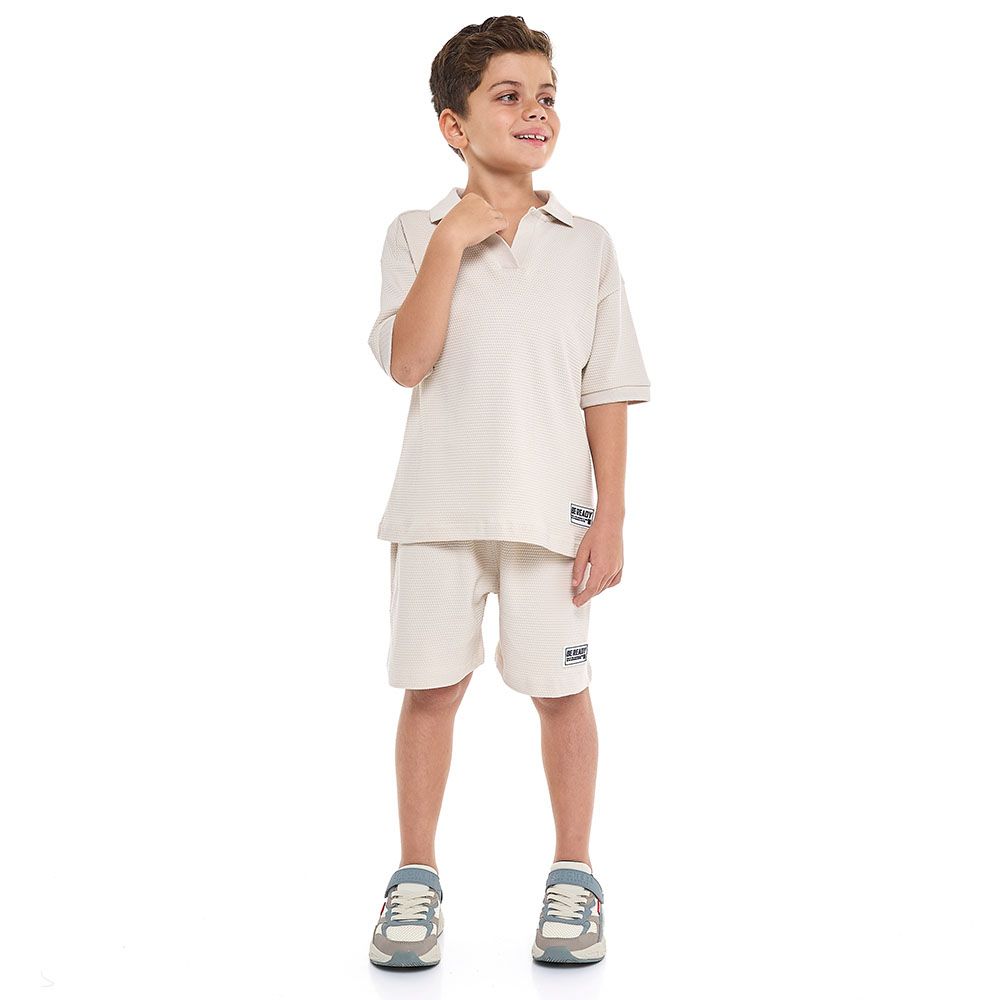 Victor And Jane -  Boys' Beige 2-piece Jacquard Set With Pockets - 2 To 9y
