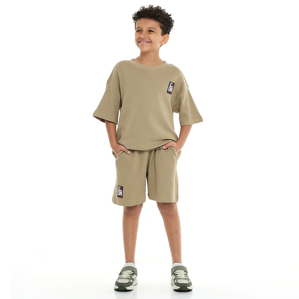 Victor And Jane - 2pc-Set - Boy's Label Detail Cord T-Shirt & Shorts - Beige
