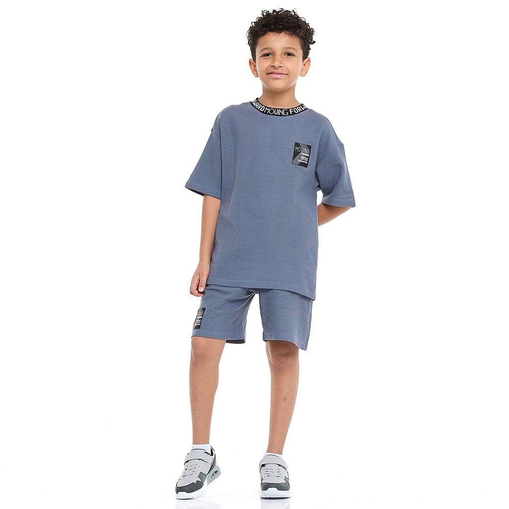 Victor And Jane - Boys Outfit With T- Shirt With Label Detail And Shorts Cord Set - Dark Blue