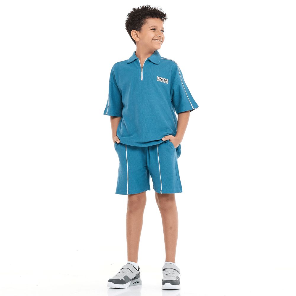 Victor And Jane - Boys Outfit With Pockets Polo T-Shirt With Half Zipper And Shorts - Teal
