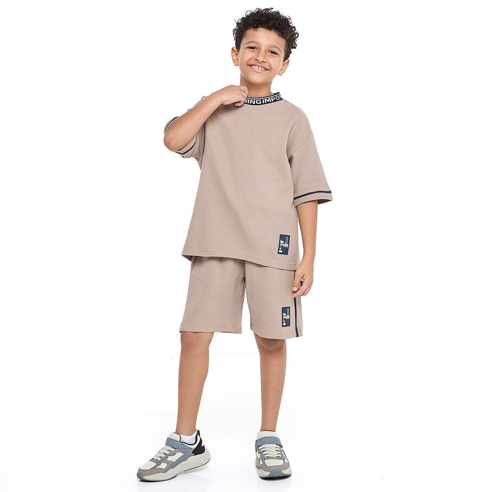 Victor And Jane - Boys Jacquard Outfit With Label Detail Shorts Set - Light Brown