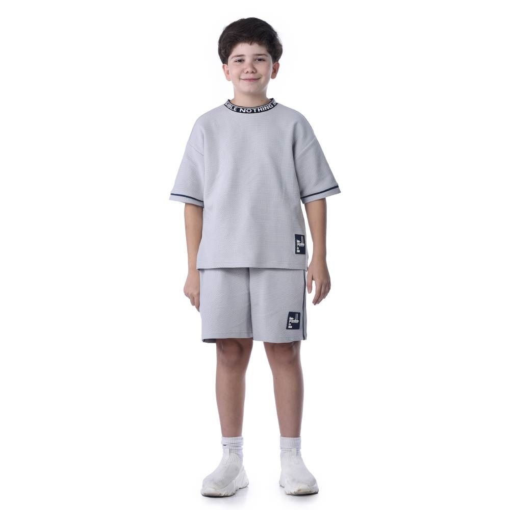 Victor And Jane - 2pc-Set - Boy's Label Detail Jacquard T-Shirt & Shorts - Light Grey