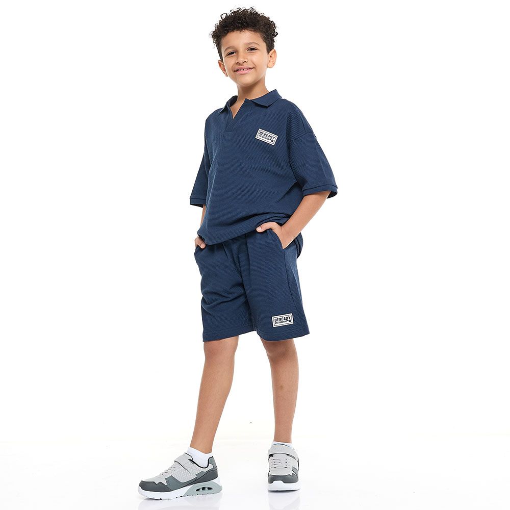 Victor And Jane - Boys Jacquard Polo T-Shirt And Shorts With Pockets - Navy