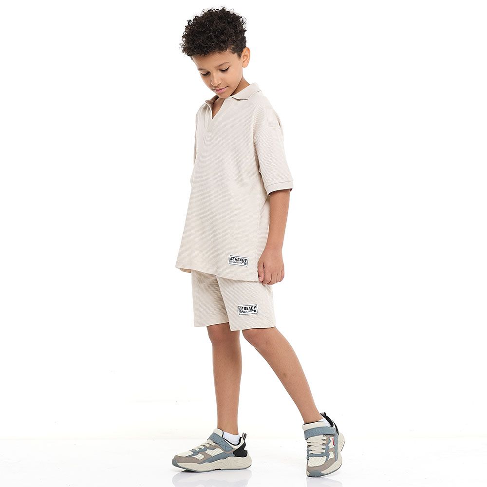 Victor And Jane - Boys Jacquard Outfit With Label Detail Shorts Set - Beige