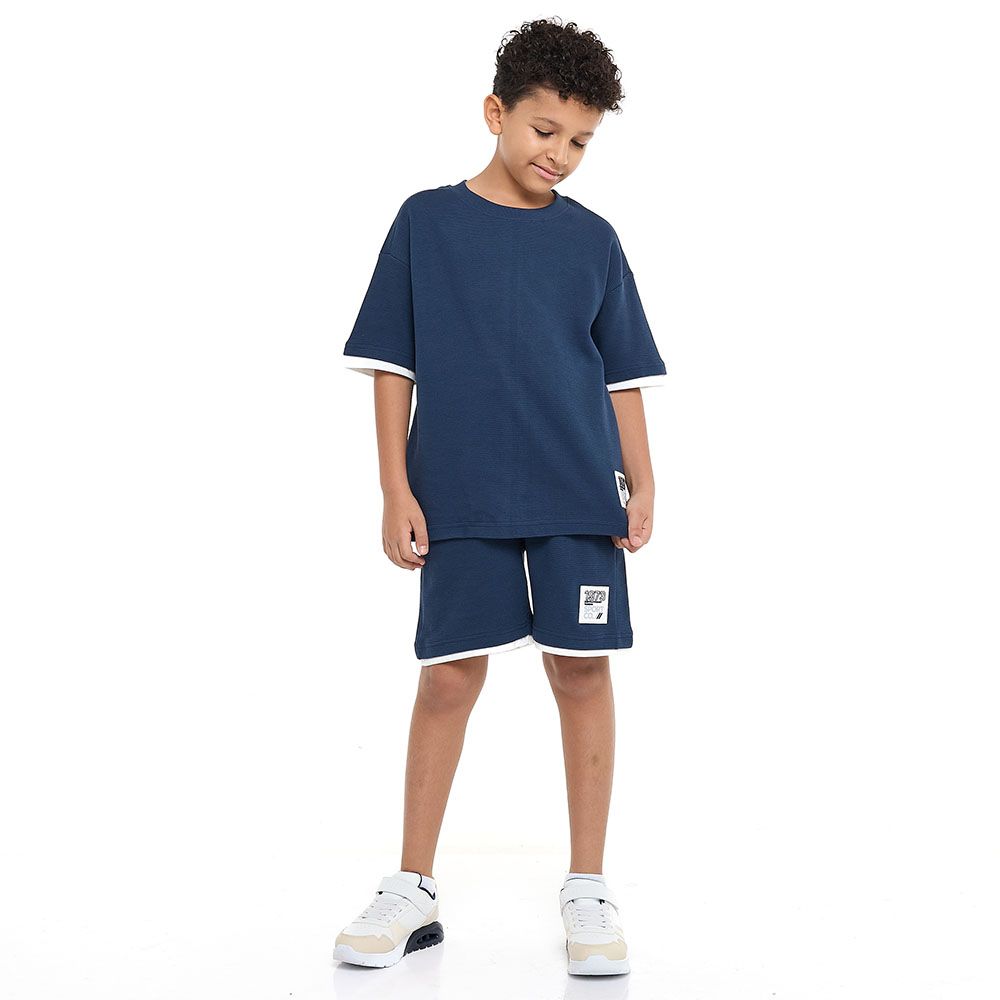 Victor And Jane - Boys Cord Set T-Shirt And Shorts With Label Detail - Navy