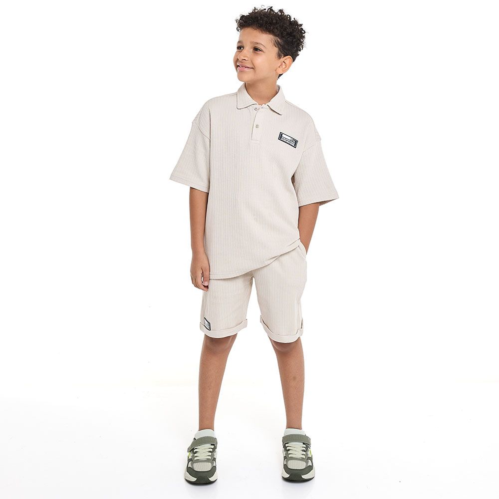 Victor And Jane -  Boys Jacquard Outfit With Patch Polo T-Shirt And Shorts Set - Beige