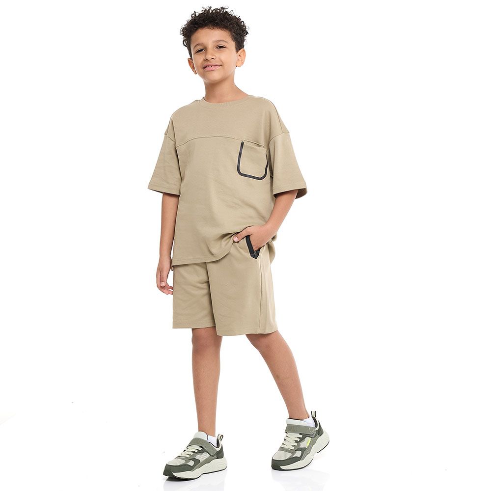Victor And Jane - 2pc-Set - Boy's Pocket Detail Jacquard T-Shirt & Shorts - Beige