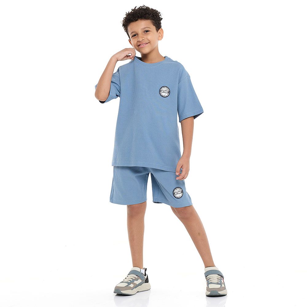 Victor And Jane - Boys Outfit With T- Shirt With Label Detail And Shorts Cord Set - Powder Blue