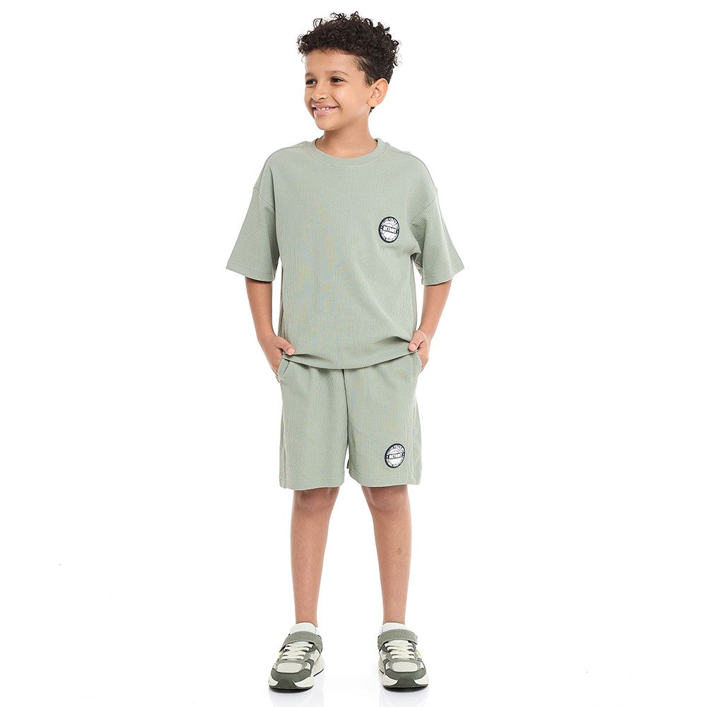 Victor And Jane - Boys Outfit With T- Shirt And Shorts Jacquard Set - Olive