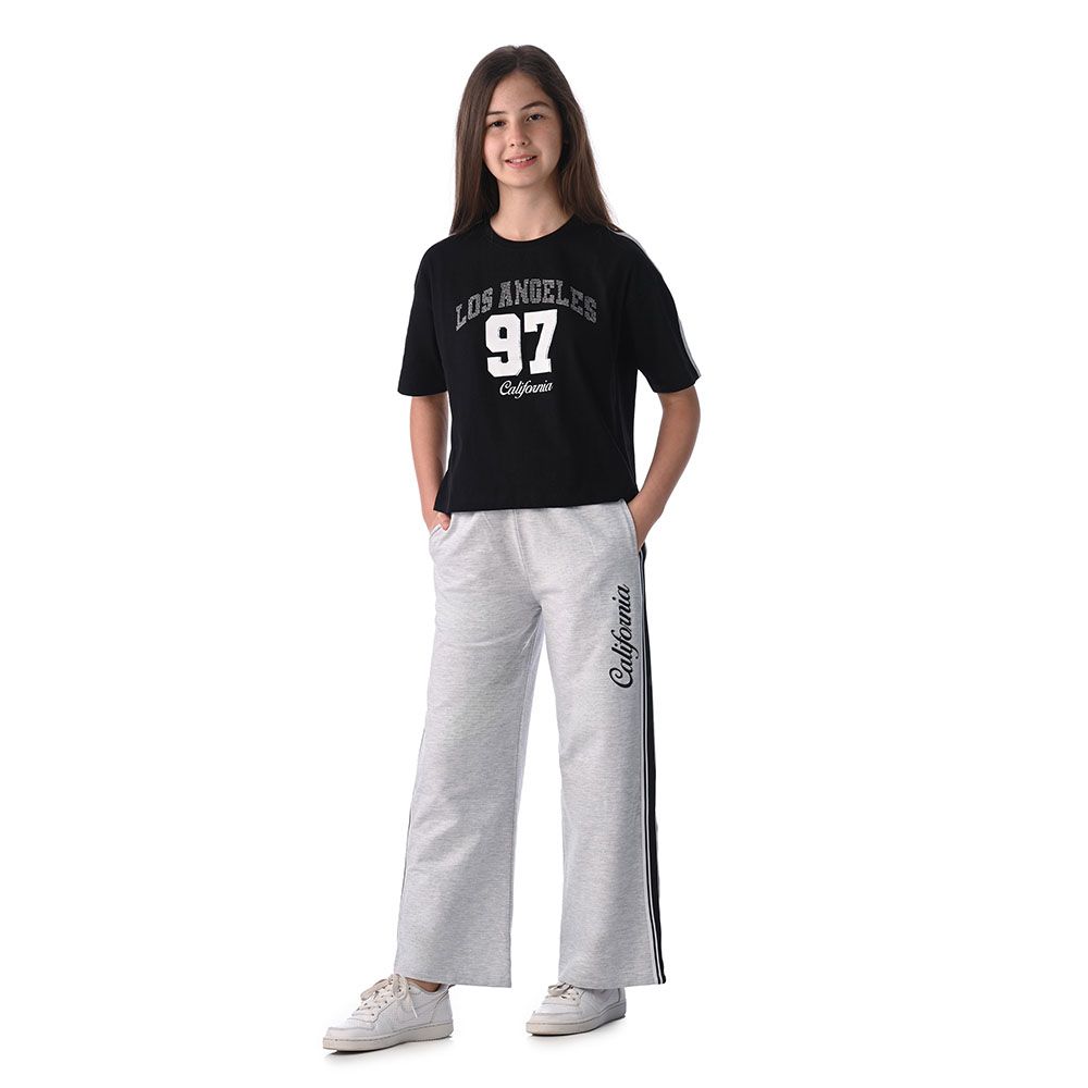 Victor And Jane - 2pc-Set - Girl's Knit Crop Top & Wide-Leg Pants - Black/Grey