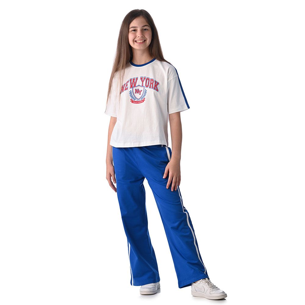 Victor And Jane - 2pc-Set - Girl's Knit Crop Top & Wide-Leg Pants - Blue/Off-White
