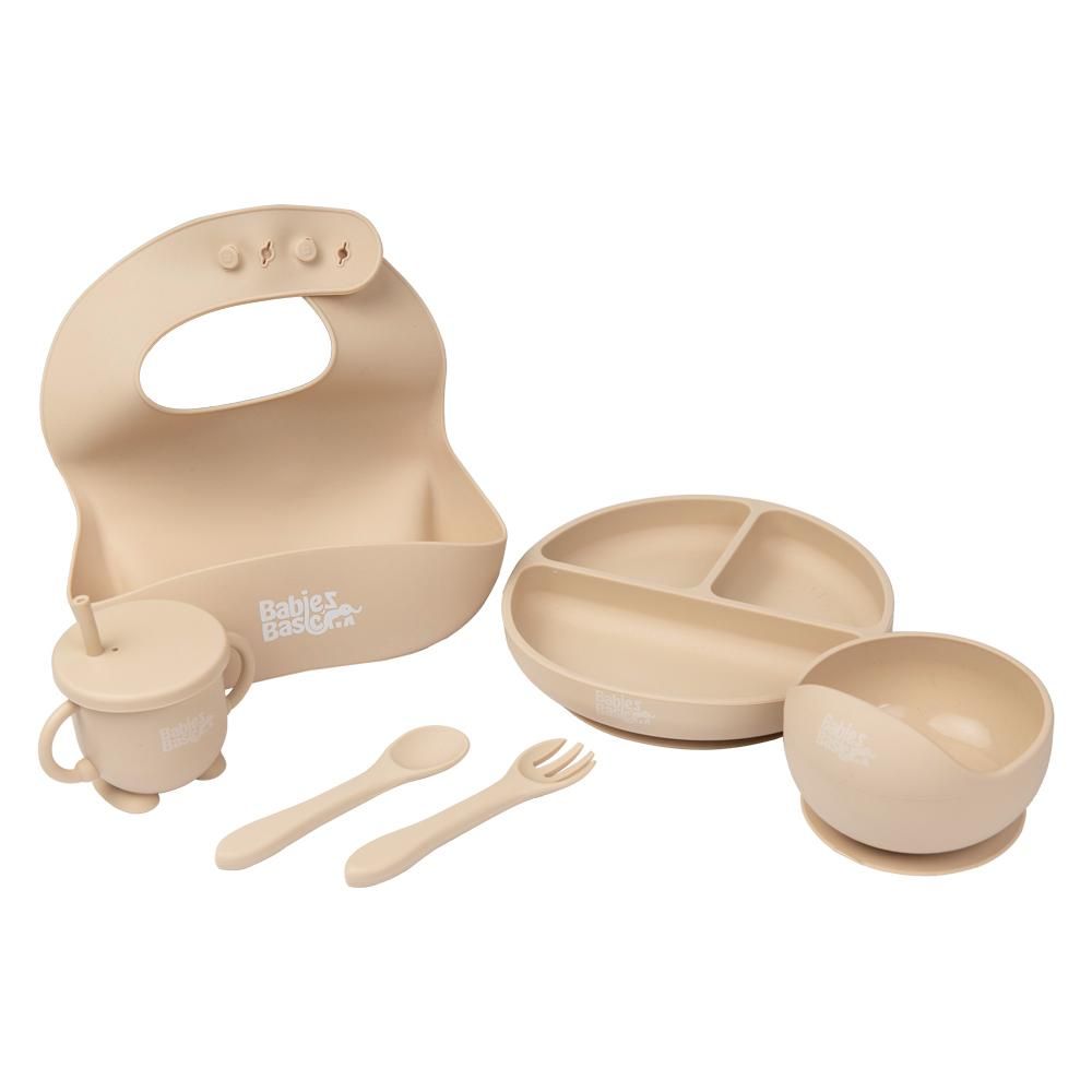 Babies Basic - Silicone Plate, Bowl, Cup,Spoon & Fork Set - 6pcs - Beige