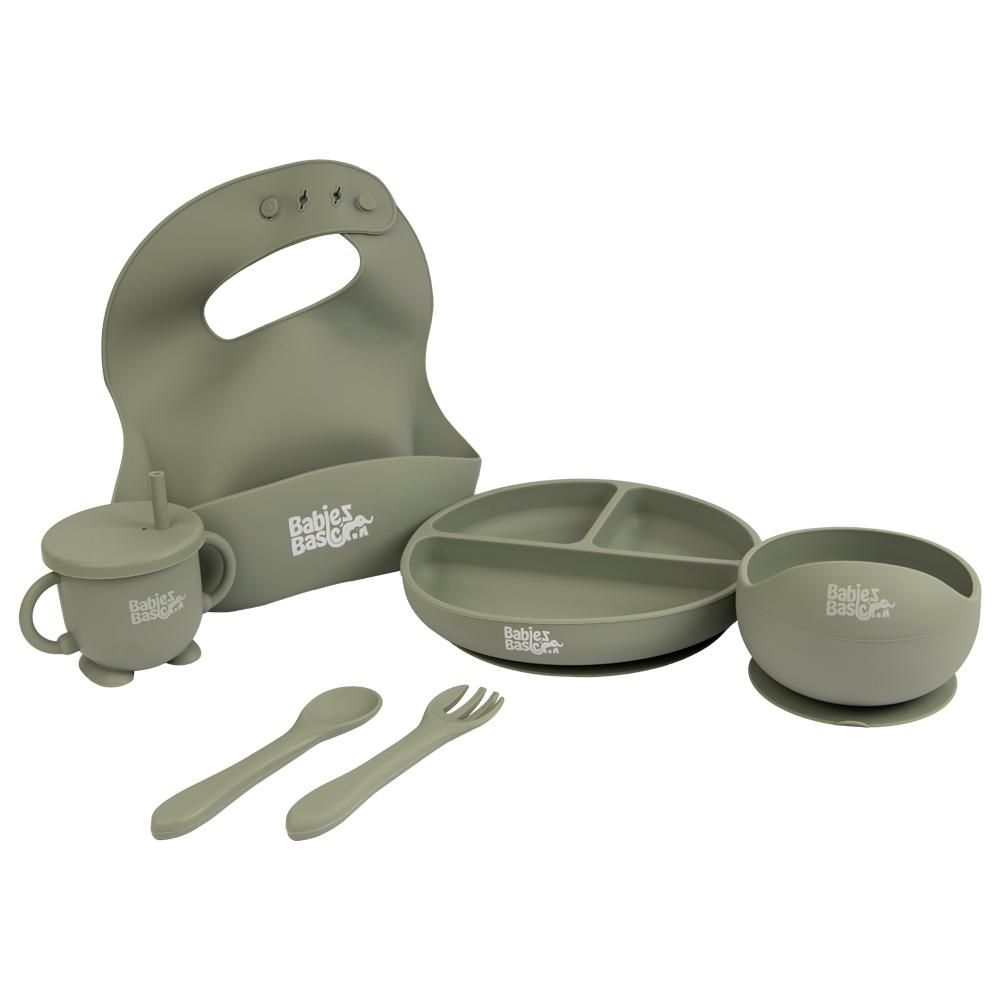 Babies Basic - Silicone Plate, Bowl, Cup,Spoon & Fork Set - 6pcs - Grey
