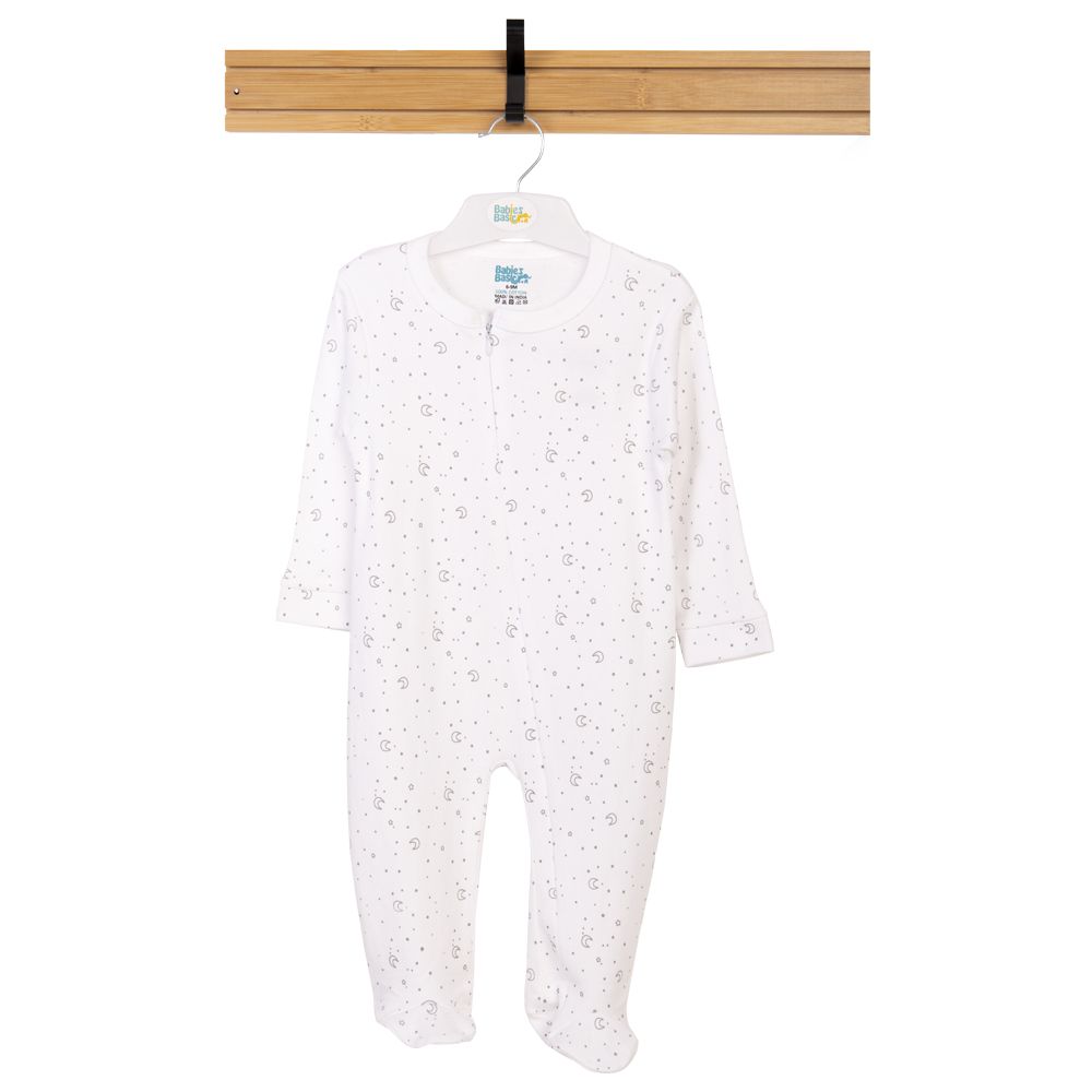 Babies Basic - Printed Long Sleeves Jumpsuit/Romper - White