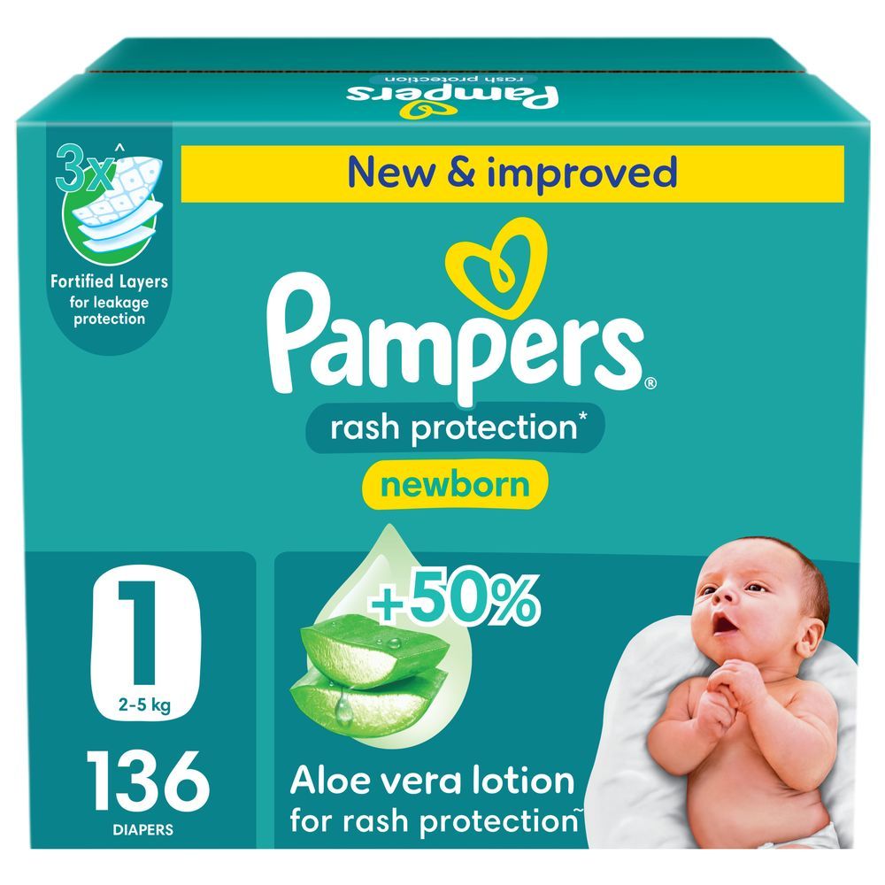 Pampers - Rash Protection Taped Diapers - Size 1 - 2-5 kg - 136 Count