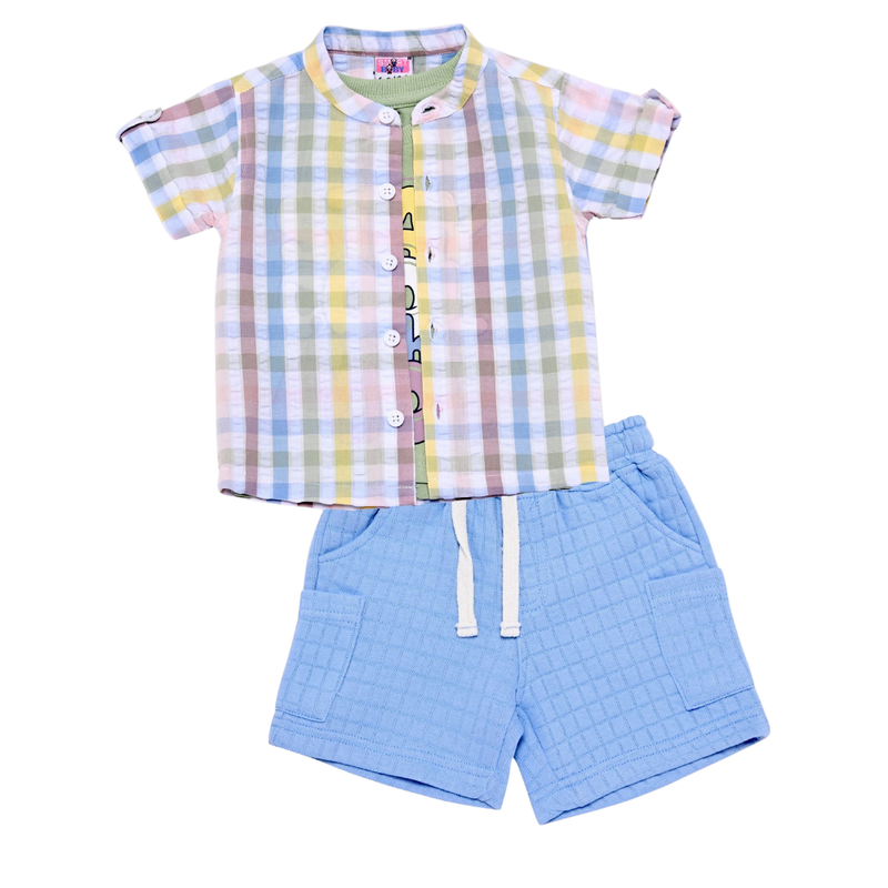 Smart Baby - Baby Boy Shirt With T-Shirt And Bermuda Set - Checks Design