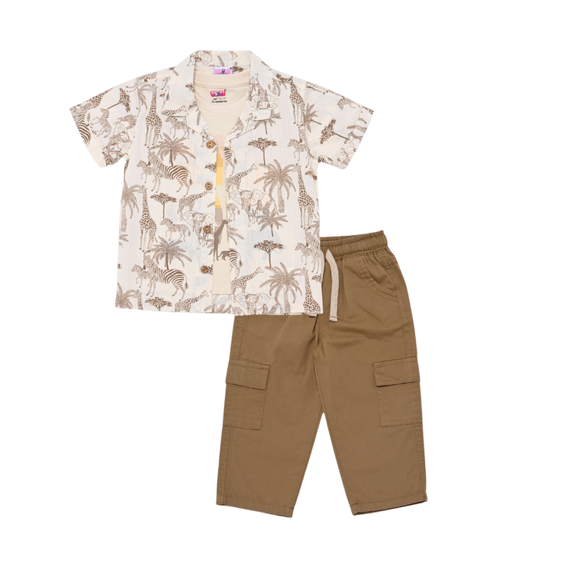 Smart Baby - 3pc-Set - Boy's Shirt With Inner T-Shirt & Woven Pants - Beige/Brown