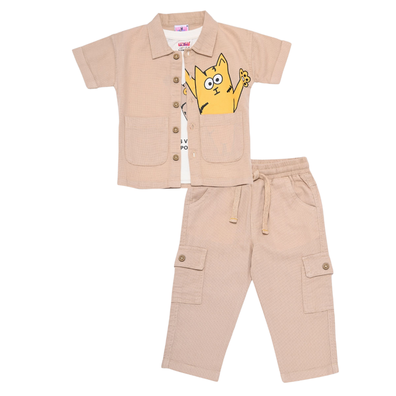 Smart Baby - Boy Shirt With T-Shirt And Pant Set - Neutral Beige