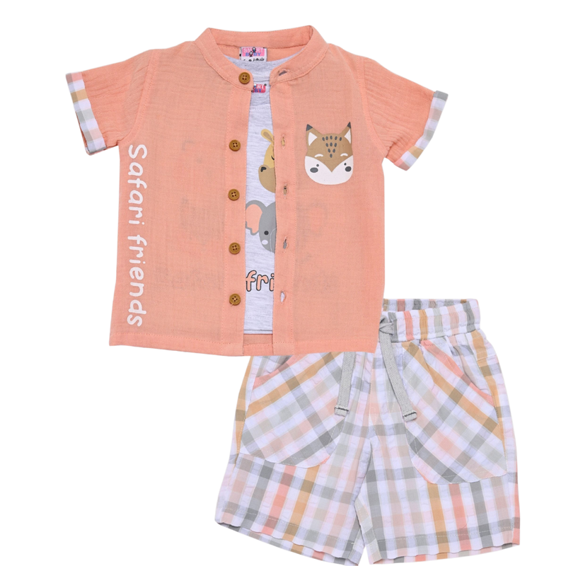 Smart Baby - Boy Shirt With T-Shirt And Bermuda Set - Coral