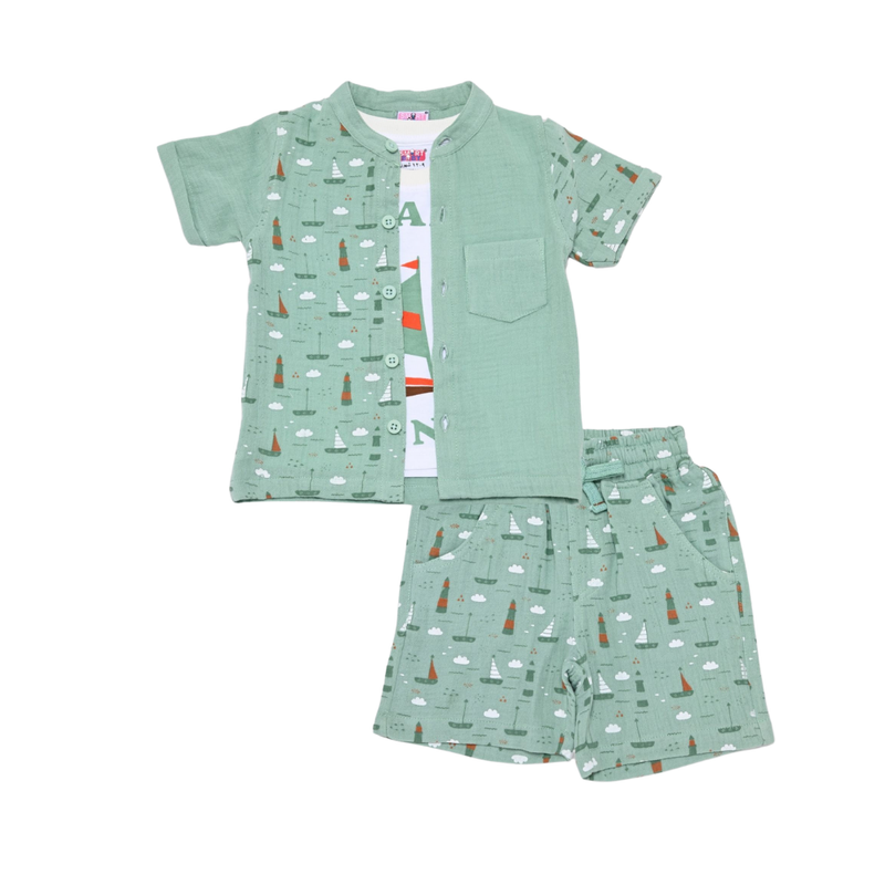 Smart Baby - 3pc-Set - Boy's Shirt With Inner T-Shirt And Bermuda Shorts - Pista Green