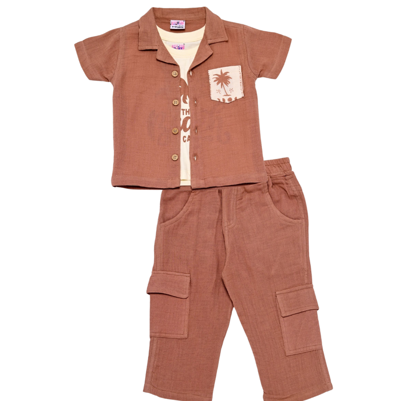 Smart Baby - Baby Boy Shirt With T-Shirt And Pant Set - Brown