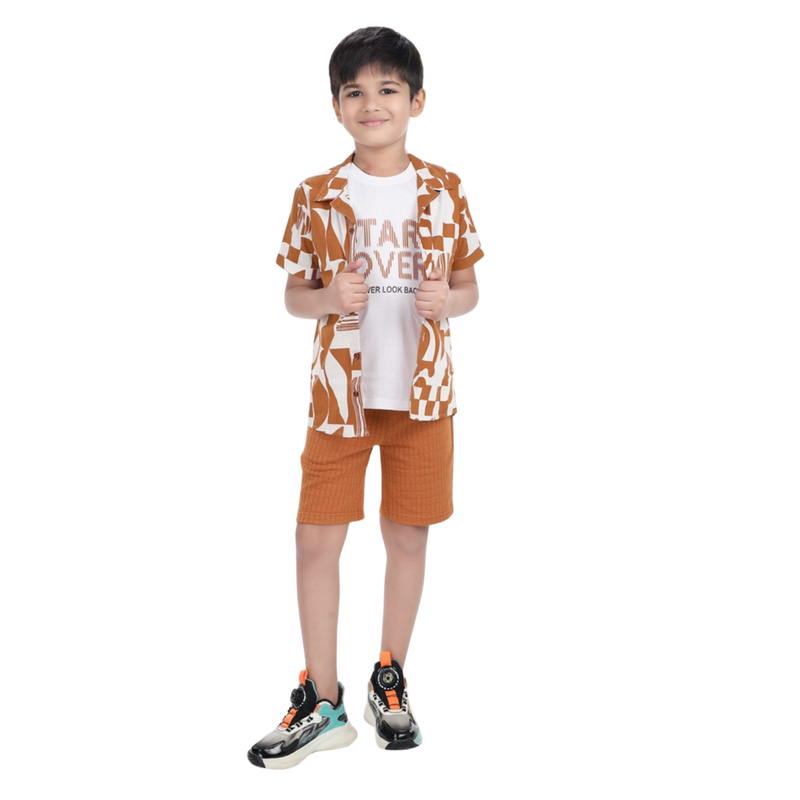 Genius - 3pc-Set - Boy's Shirt With T-Shirt & Bermuda Shorts - Brown
