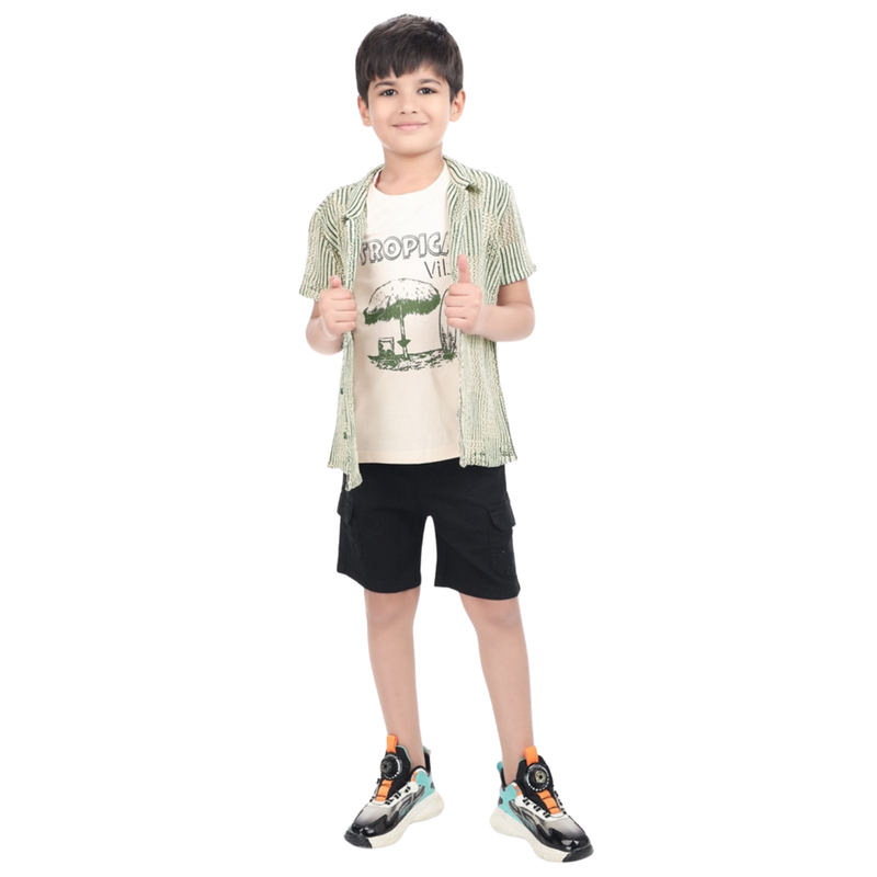 Genius - Boy Shirt With T-Shirt And Bermuda Set - Beige