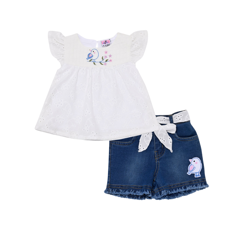 Smart Baby - 2pc-Set - Girl's Cap Sleeves Top With Denim Shorts - White/Blue