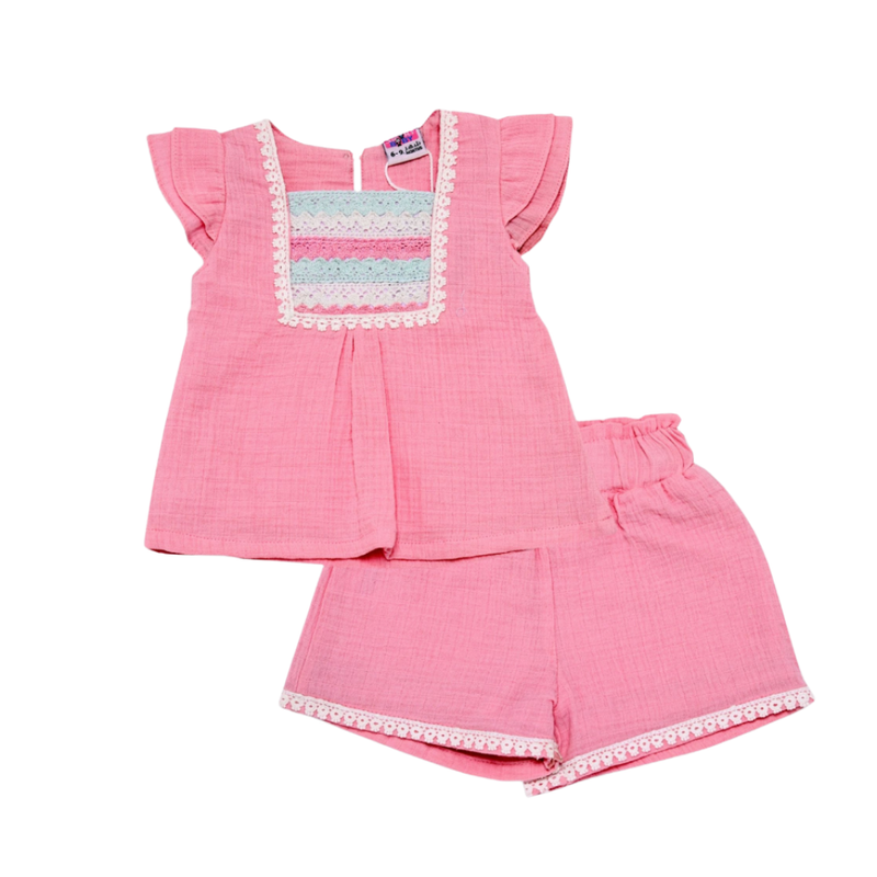 Smart Baby - 2pc-Set - Girl's Cap Sleeves Co-Ord Top With Shorts - Pink