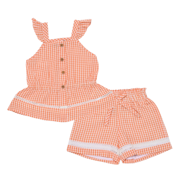 Smart Baby - 2pc-Set - Girl's Checked Co-Ord Top With Shorts - Orange